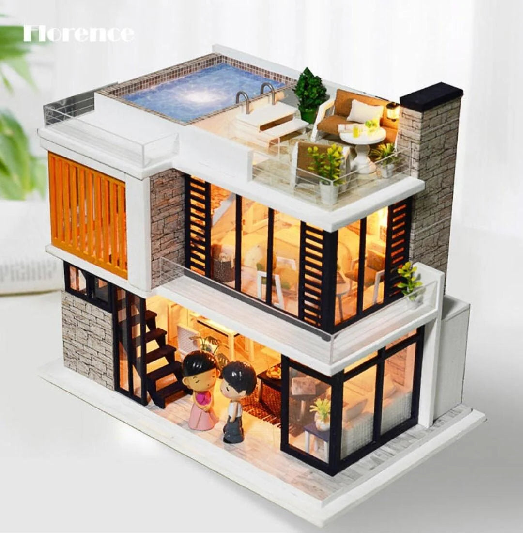 DIY Dollhouse Modern Two Story Apartment Miniature With Terrace Swimming Pool Dollhouse Toy For Children New Year Christmas Gift Adult Craft