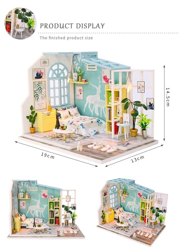 DIY Dollhouse Kit Family Nap Modern Living Room Miniature House Deer Painted on Wall Children New Year Christmas Gift Adult Craft