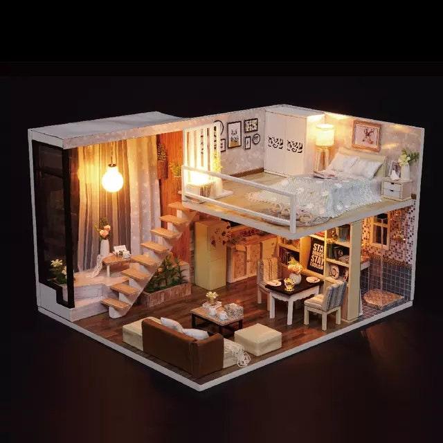 DIY Dollhouse Modern Duplex Living Room Miniature DIY Dollhouse Kit House Toys For Children New Year Christmas Gift Adult Craft