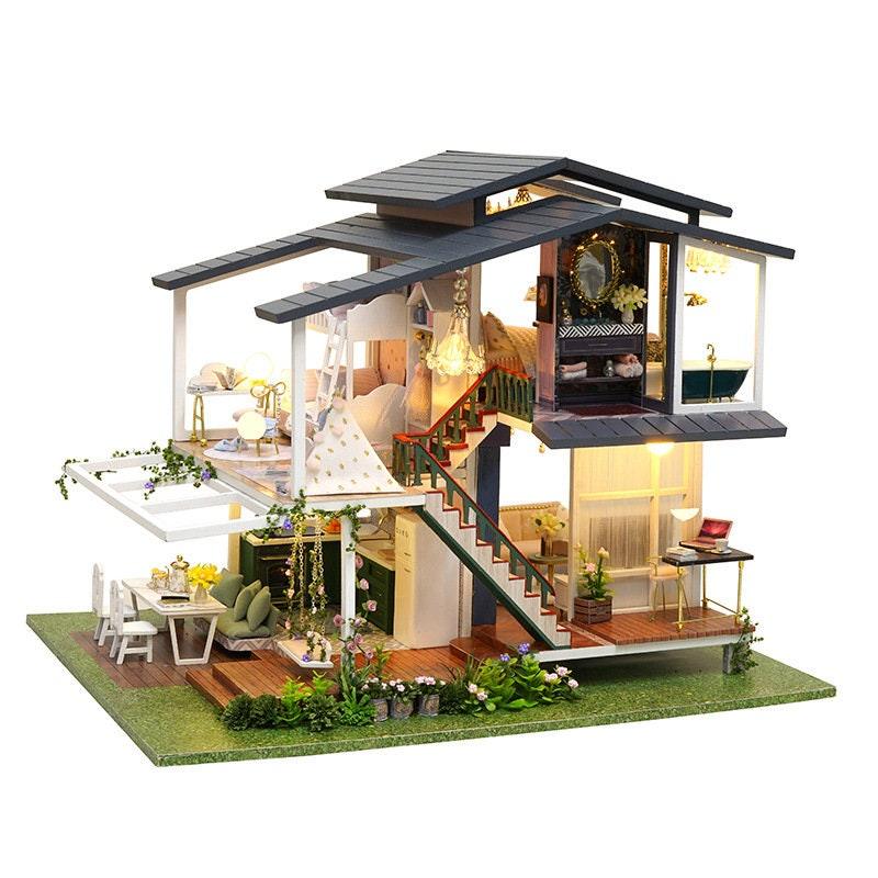 Monets Garden Dollhouse Miniature With Furniture - Two Story Modern Villa DIY Dollhouse Kit - Creative Room Idea (Dust Cover Available)