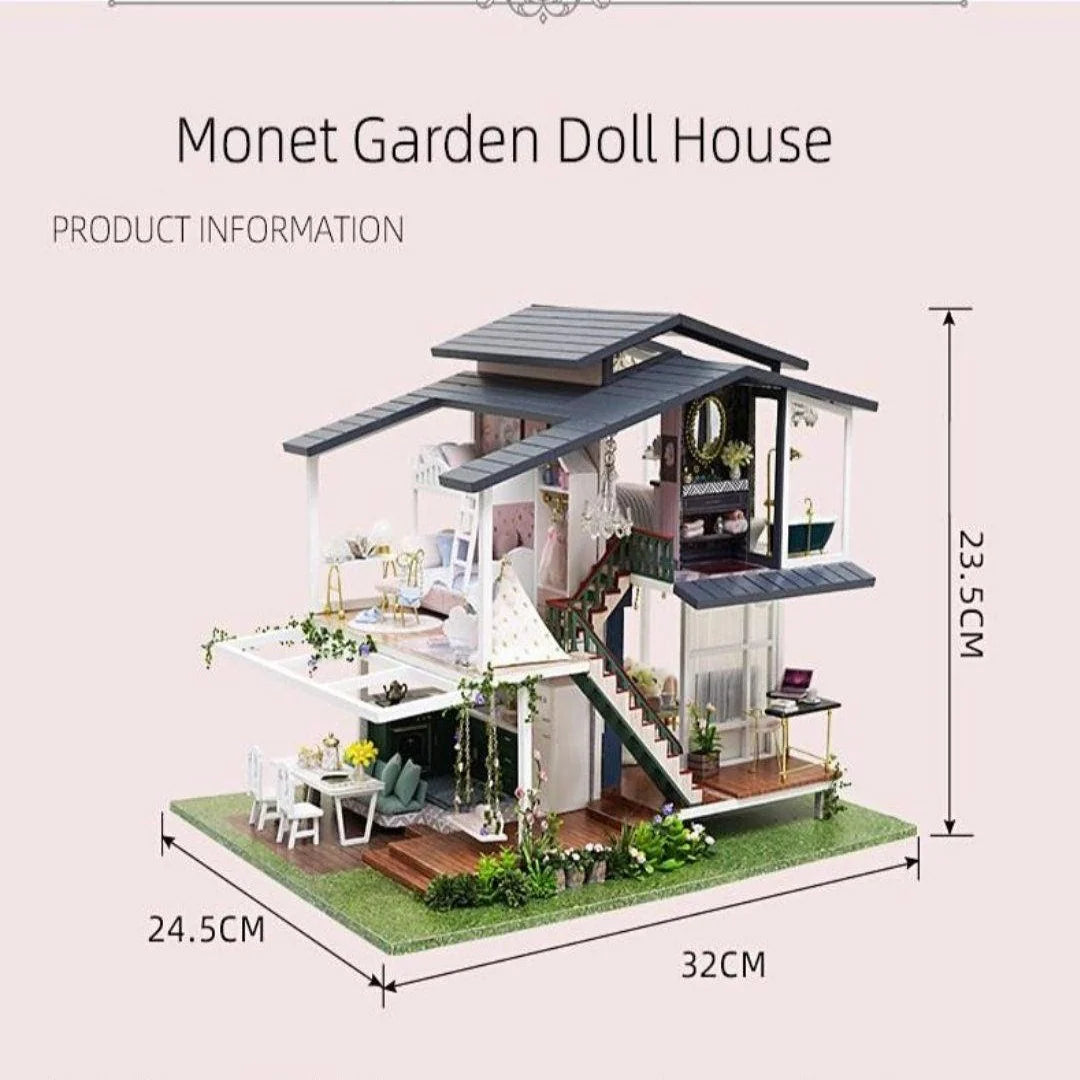 Monets Garden Dollhouse Miniature With Furniture - Two Story Modern Villa DIY Dollhouse Kit - Creative Room Idea (Dust Cover Available)