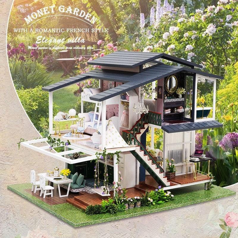 Monets Garden Dollhouse Miniature With Furniture - Two Story Modern Villa DIY Dollhouse Kit - Creative Room Idea (Dust Cover Available)