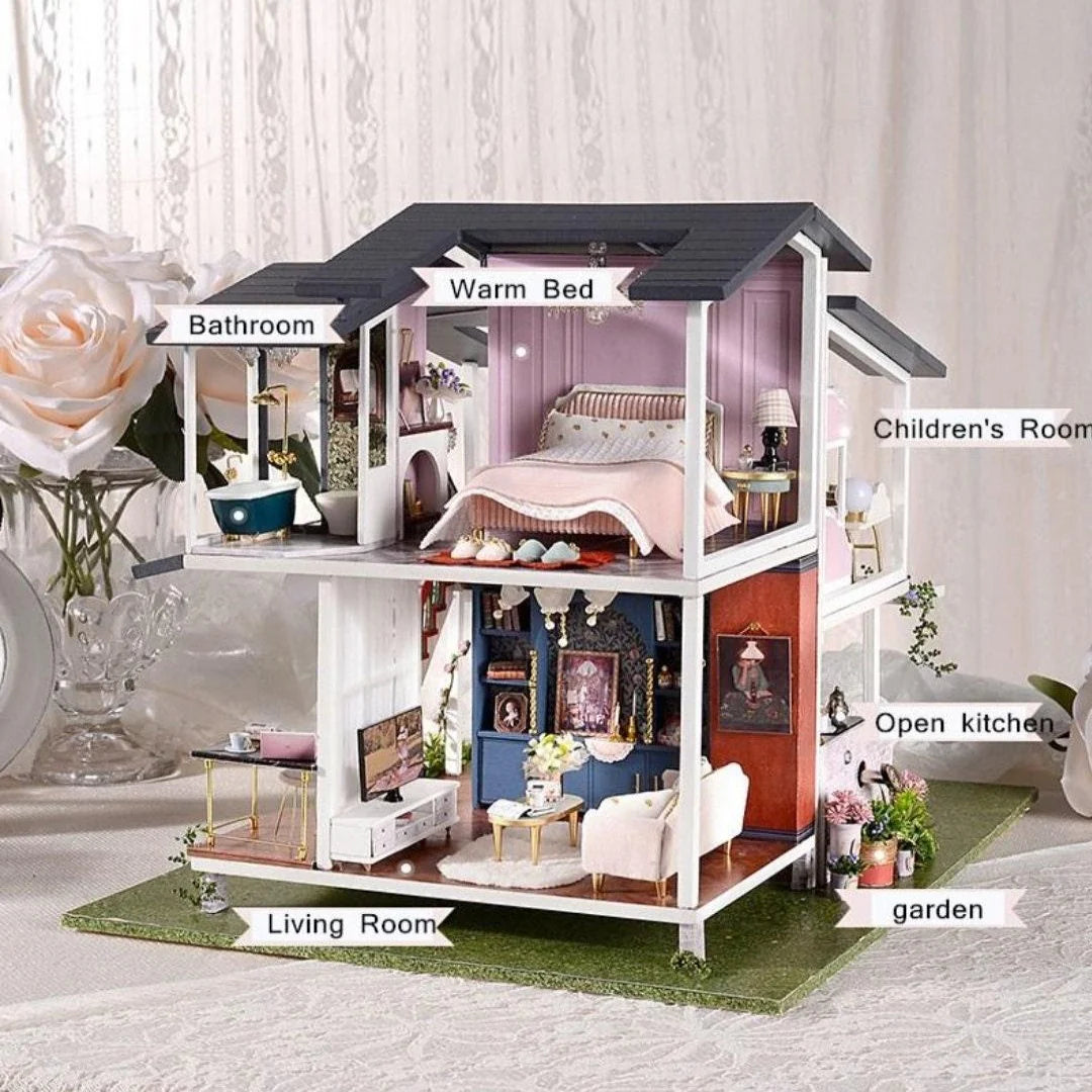 Monets Garden Dollhouse Miniature With Furniture - Two Story Modern Villa DIY Dollhouse Kit - Creative Room Idea (Dust Cover Available)