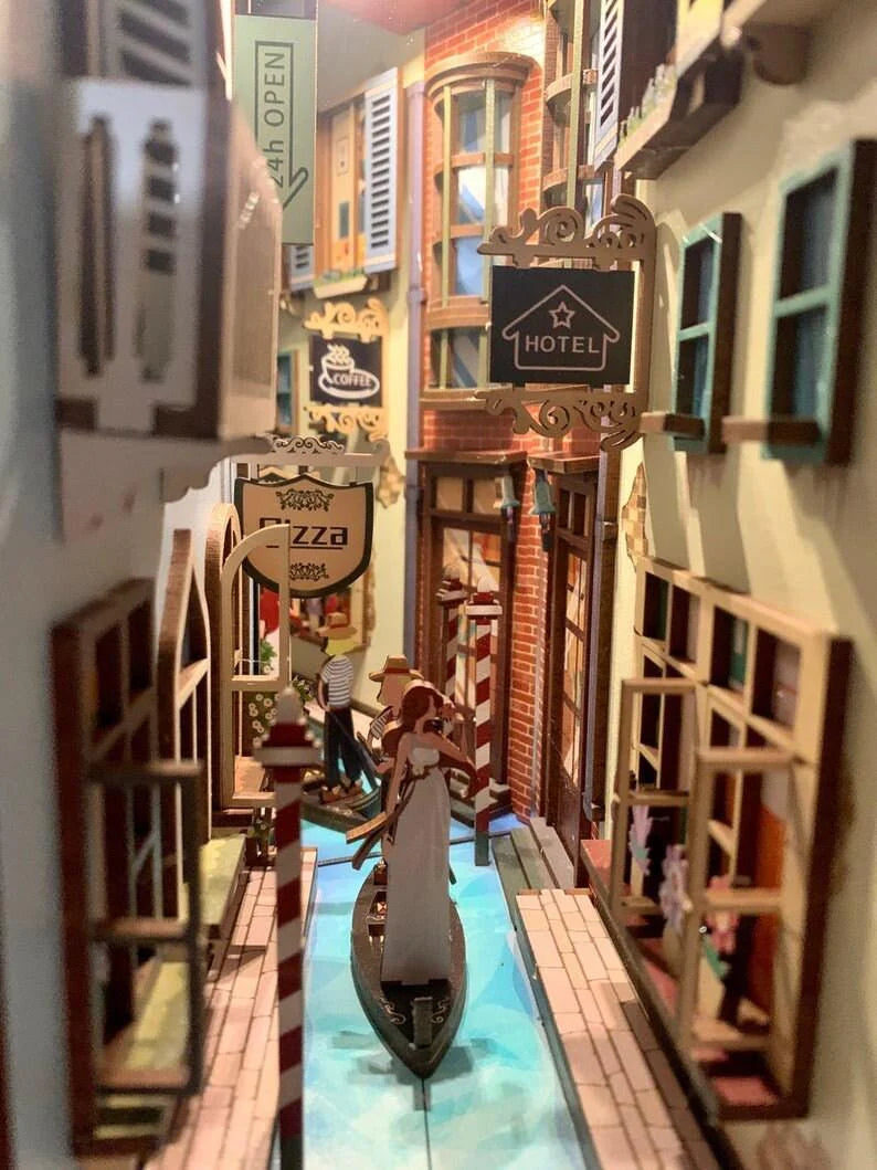 Travel in Venice Book Nook - DIY Doll House - Book Shelf Insert - Book Scenery - Bookcase with Light Model Building Kit