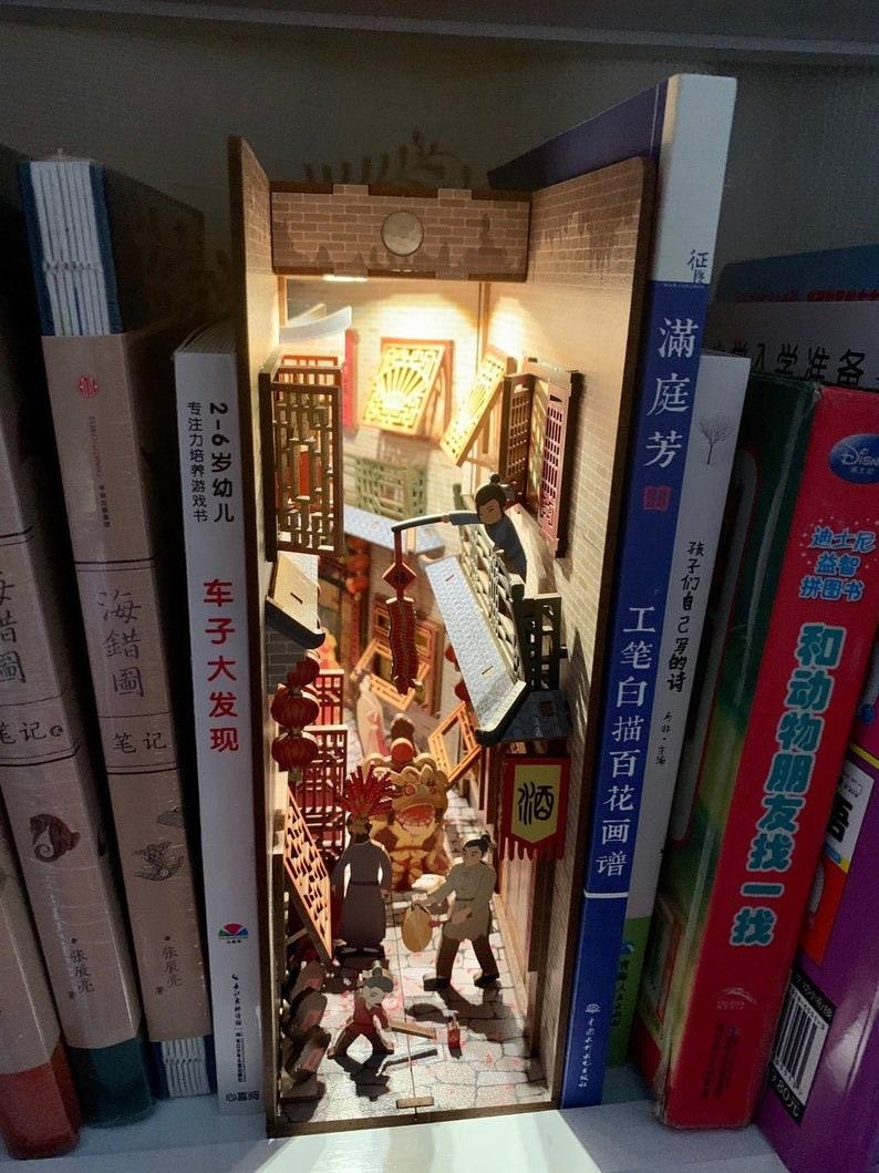 China Town Book Nook - DIY Book Nook Kits Book Doll House Book Shelf Insert Book Scenery Bookends Bookcase with Light Model Building Kit