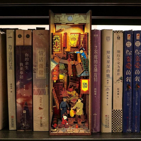 China Town Book Nook - DIY Book Nook Kits Book Doll House Book Shelf Insert Book Scenery Bookends Bookcase with Light Model Building Kit