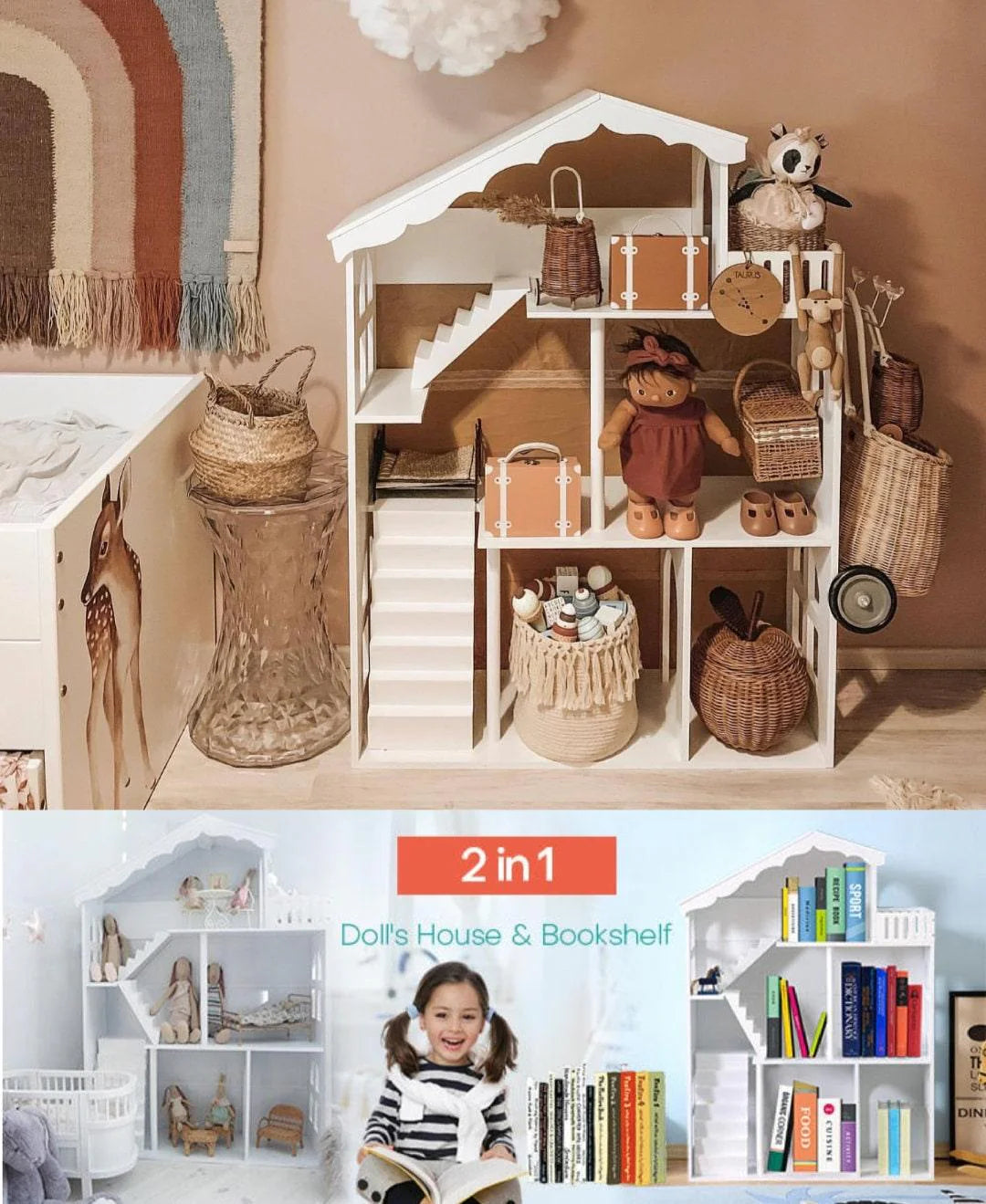 Wooden Dollhouse & Bookshelf 2 in 1 Pretend Furniture Dollhouse Made with Original Solid Wood Large Bookcase Dollhouse Kid Children Gift