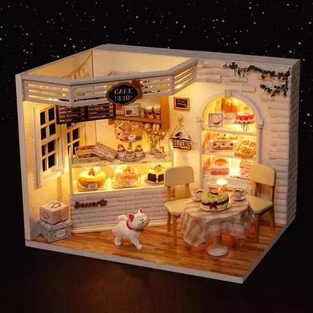 Cake Shop DIY Dollhouse Kit Cake Dairy Cupcake Shop Miniature Bakery Dollhouse European Style Dollhouse Free Dust Cover Adult Craft