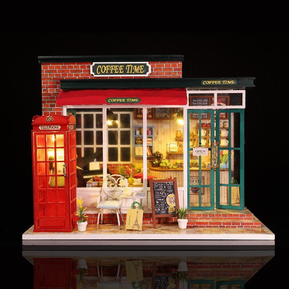 DIY Dollhouse Kit Coffee Time Shop Dollhouse Coffee Shop Dollhouse Miniature with Furniture Adult Craft Kit Doll House Kit