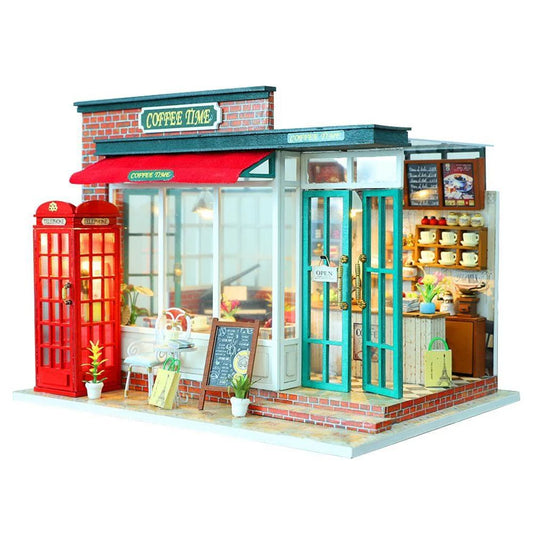 DIY Dollhouse Kit Coffee Time Shop Dollhouse Coffee Shop Dollhouse Miniature with Furniture Adult Craft Kit Doll House Kit