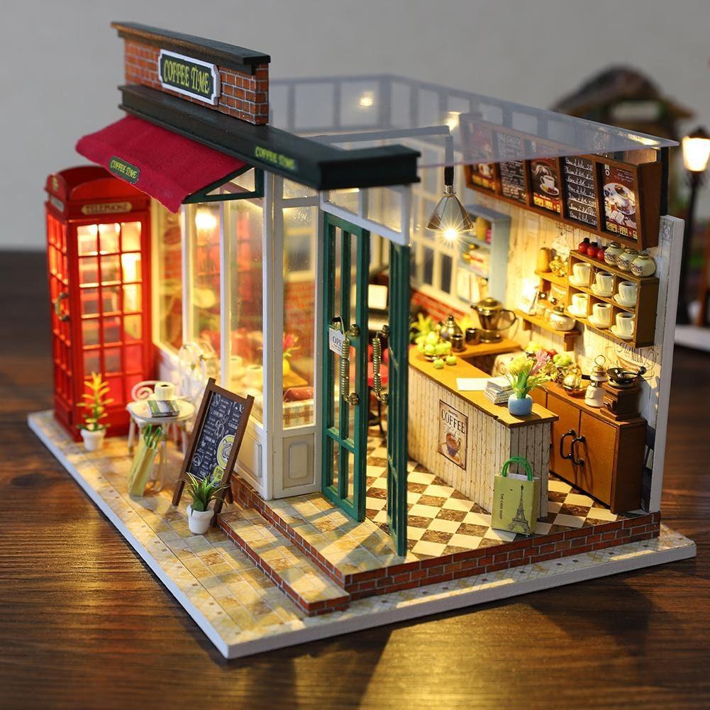 DIY Dollhouse Kit Coffee Time Shop Dollhouse Coffee Shop Dollhouse Miniature with Furniture Adult Craft Kit Doll House Kit