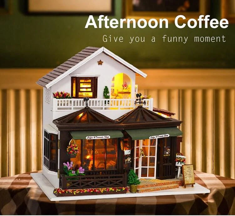 DIY Dollhouse Kit Afternoon Coffee Shop Dollhouse Miniature Coffee & Dessert Cafe Dollhouse Kit European Style Dollhouse Adult Craft