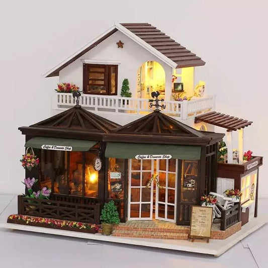 DIY Dollhouse Kit Afternoon Coffee Shop Dollhouse Miniature Coffee & Dessert Cafe Dollhouse Kit European Style Dollhouse Adult Craft