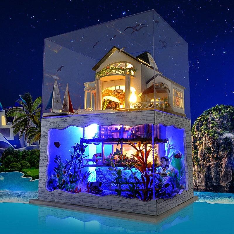 DIY Dollhouse Kit Under Water Life Miniature Dollhouse with Under Water Bedroom, Marine Theme Dollhouse With Free Dust Cover