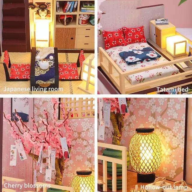 DIY Dollhouse Kit Japanese Style Cherry Blossom Miniature House Japanese Villa Miniature Dollhouse Kit With Dust Cover Adult Craft DIY Kits