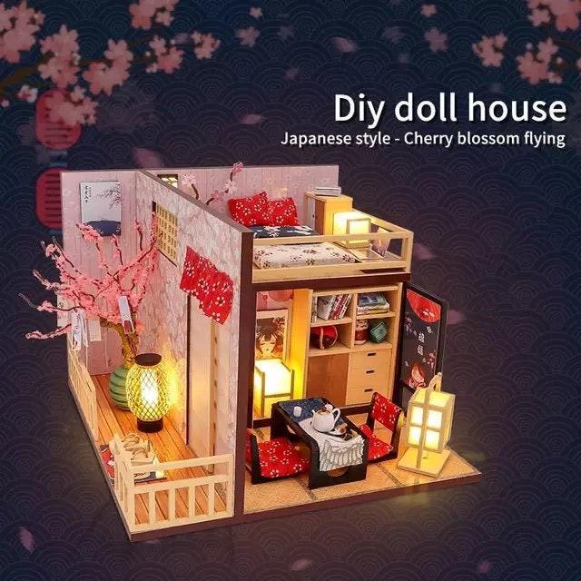 DIY Dollhouse Kit Japanese Style Cherry Blossom Miniature House Japanese Villa Miniature Dollhouse Kit With Dust Cover Adult Craft DIY Kits