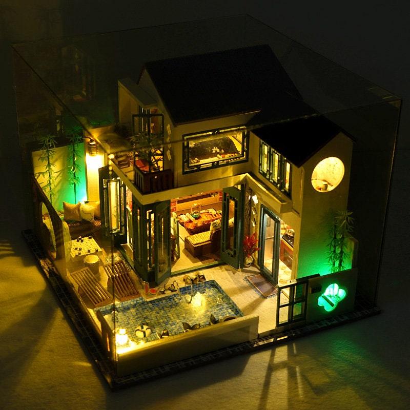 Japanese Style DIY Dollhouse Kit Miniature Bungalow with Swimming Pool Japanese Style Miniature Villa With Free Dust Cover Adult Craft