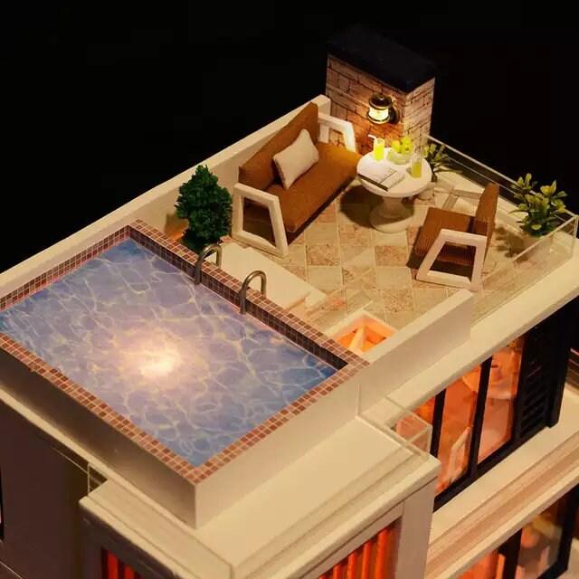 DIY Dollhouse Modern Two Story Apartment Miniature With Terrace Swimming Pool Dollhouse Toy For Children New Year Christmas Gift Adult Craft