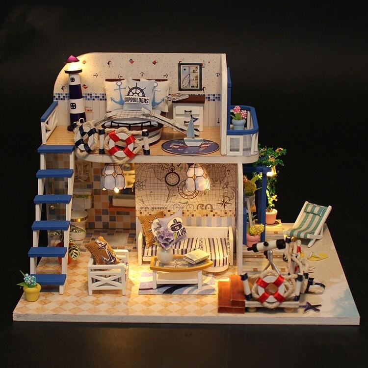 DIY Dollhouse Sea Coast Miniature Beach Side Duplex Villa Marine Theme DIY Dollhouse Kit With Lighthouse and Telescope