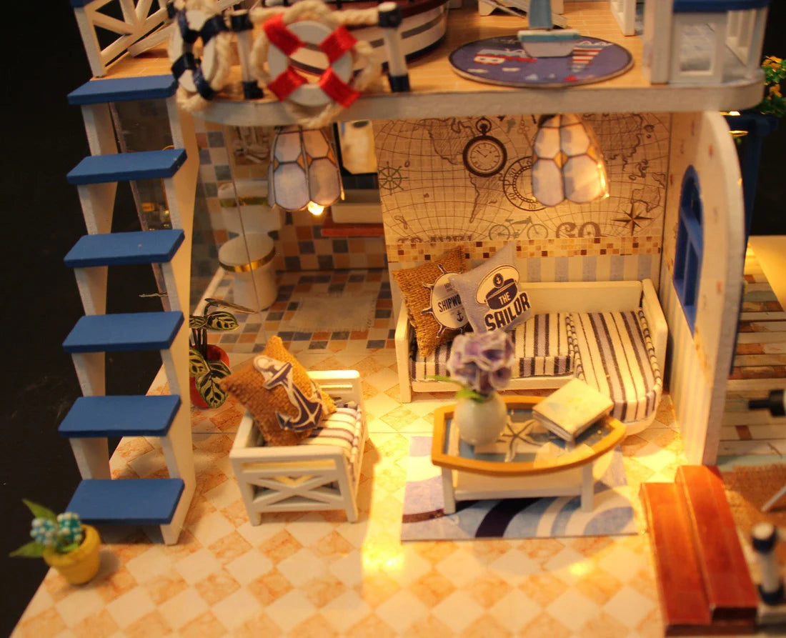 DIY Dollhouse Sea Coast Miniature Beach Side Duplex Villa Marine Theme DIY Dollhouse Kit With Lighthouse and Telescope