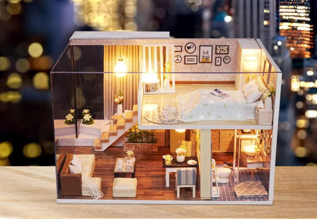 DIY Dollhouse Modern Duplex Living Room Miniature DIY Dollhouse Kit House Toys For Children New Year Christmas Gift Adult Craft