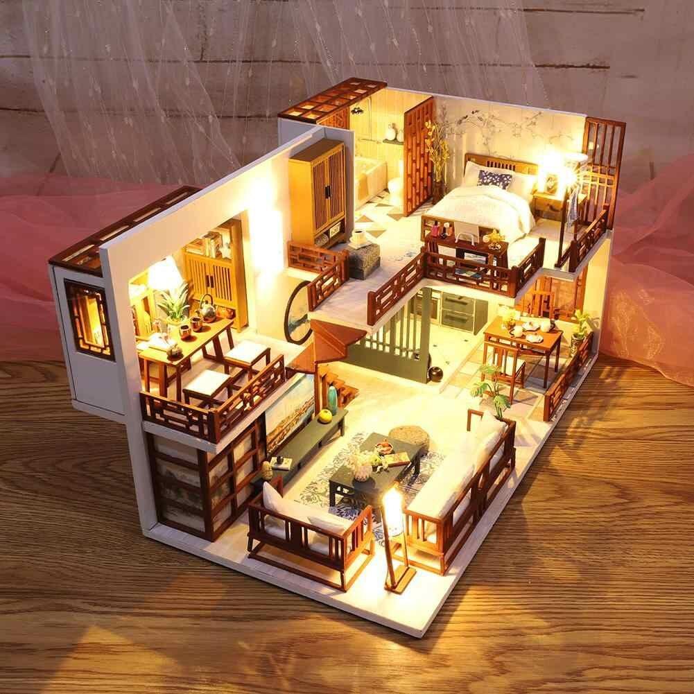 DIY Dollhouse Kit - Modern Living Room Miniature Dollhouse Kit - Duplex Apartment With FREE Dust Cover- Birthday, Christmas Gift Adult Craft