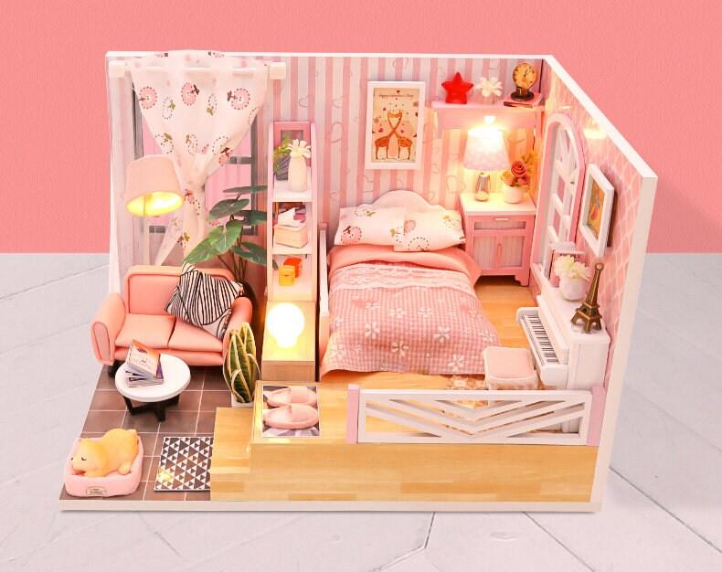 DIY Dollhouse Kit - Modern Living Pink Girl Bedroom Miniature Dollhouse Kit - Best Thanksgiving, Birthday, Christmas Gift Adult Craft