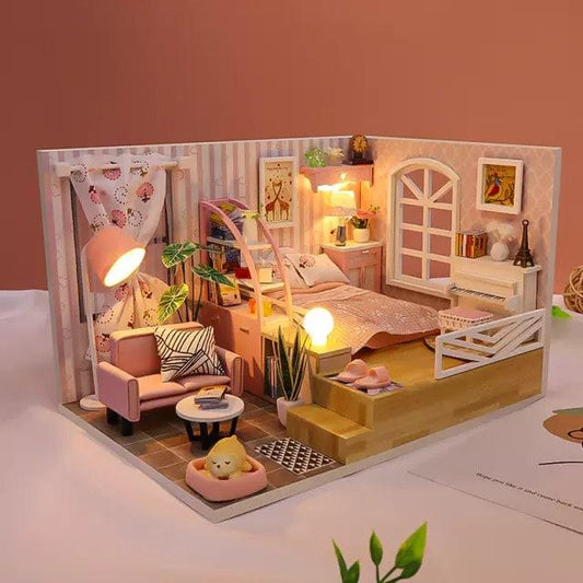 DIY Dollhouse Kit - Modern Living Pink Girl Bedroom Miniature Dollhouse Kit - Best Thanksgiving, Birthday, Christmas Gift Adult Craft