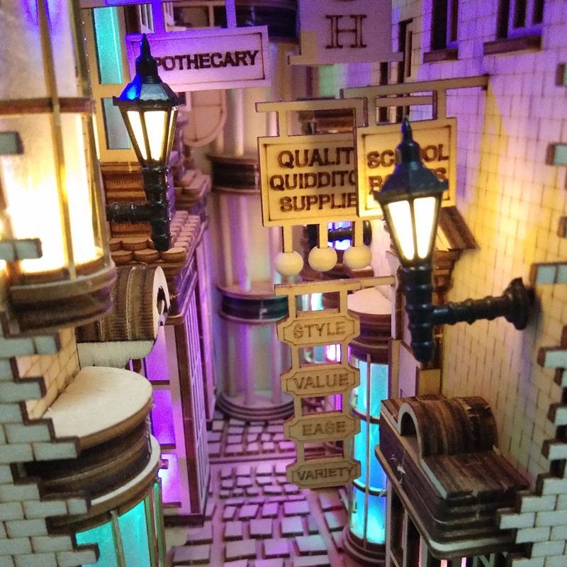 DIY Magic Alley Book Nook - DIY Book Nook Kits - Wizard Alley Book Nook Dioramas Book Shelf Insert Book Scenery with LED Model Building Kit