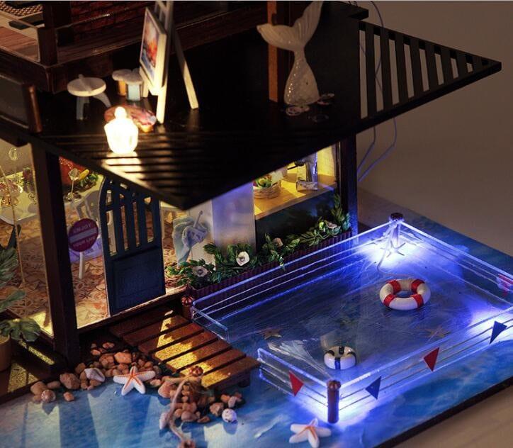 Coastal Villa Dollhouse - DIY Dollhouse Kit - Swimming Pool Dollhouse - Backyard Sea Miniature Large Size Dollhouse Best Birthday Gifts