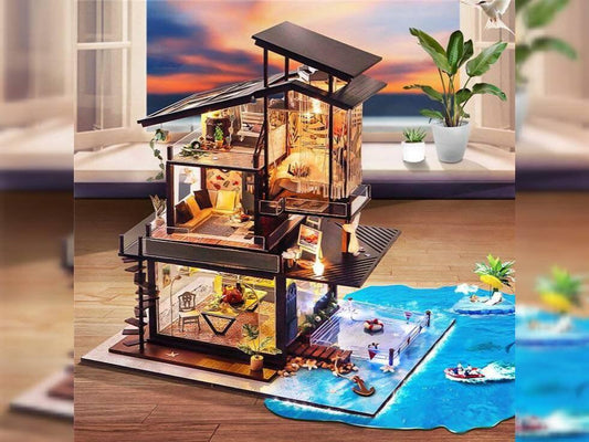 Coastal Villa Dollhouse - DIY Dollhouse Kit - Swimming Pool Dollhouse - Backyard Sea Miniature Large Size Dollhouse Best Birthday Gifts