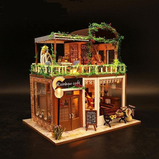 Rainbow Cafe DIY Dollhouse Kit Coffee Shop Dollhouse Miniature - Style Cafe Dollhouse Adult Craft Kit