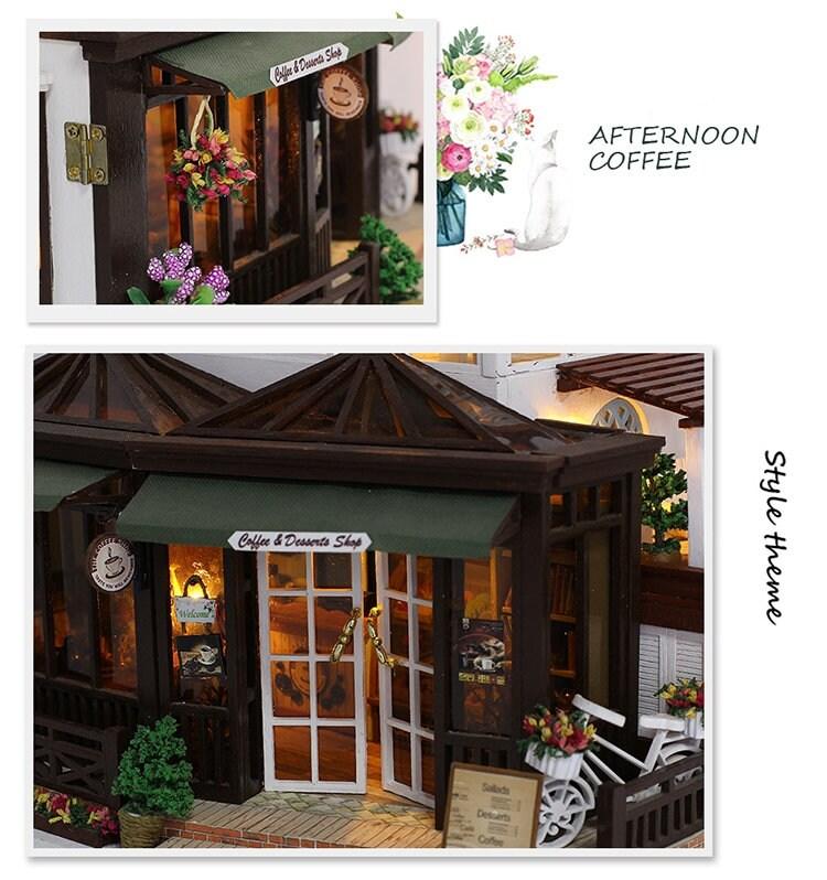 DIY Dollhouse Kit Afternoon Coffee Shop Dollhouse Miniature Coffee & Dessert Cafe Dollhouse Kit European Style Dollhouse Adult Craft