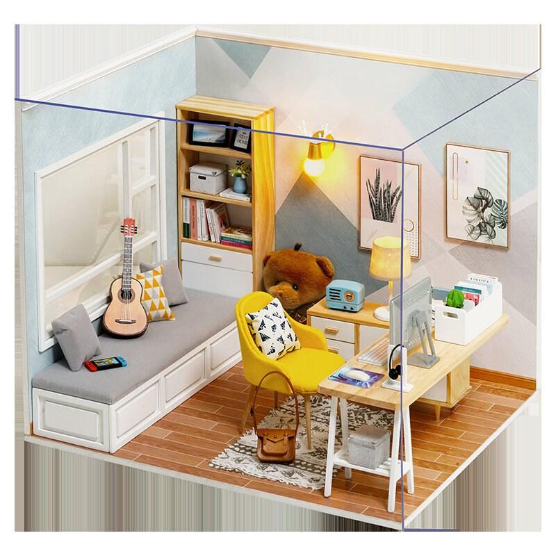 DIY Dollhouse Kit Sunshine Study Room Modern Living Room Miniature With Mini Guitar Children New Year Christmas Gift Adult Craft