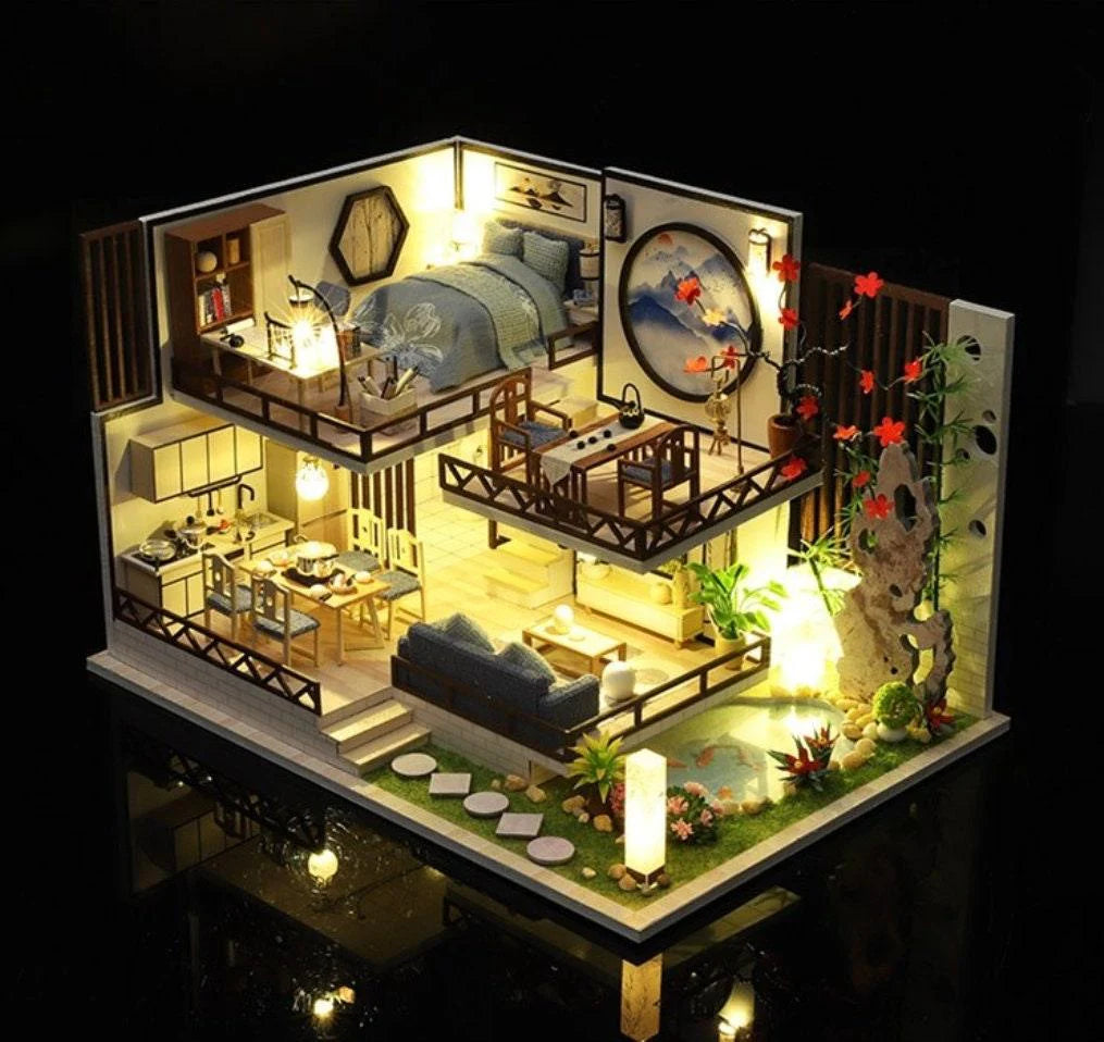 DIY Dollhouse Kit - Modern Living Room Miniature Dollhouse Kit - Duplex Apartment Doll House Kit - Birthday, Christmas Gift Adult Craft