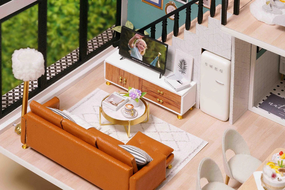 DIY Dollhouse Kit Comfortable Time Modern Style Living Apartment Gift - Living Room Miniature - Best Christmas, Birthday Gift for Children