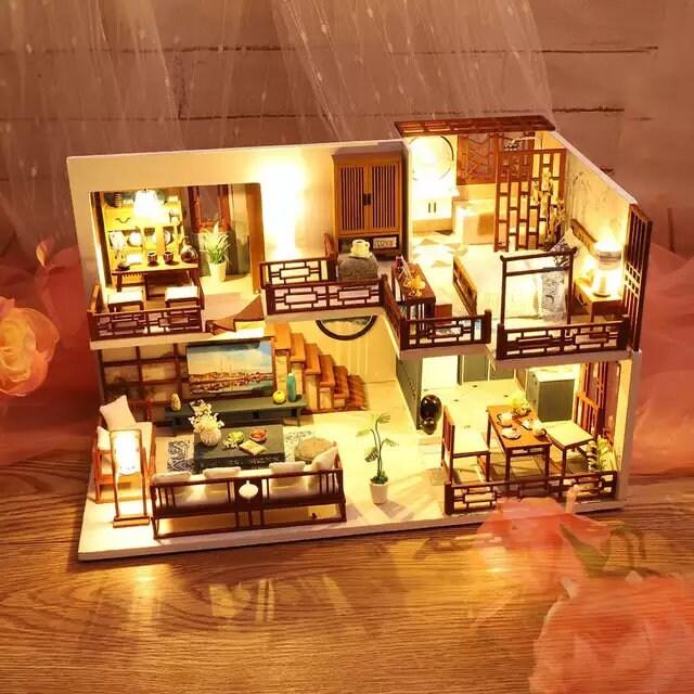 DIY Dollhouse Kit - Modern Living Room Miniature Dollhouse Kit - Duplex Apartment With FREE Dust Cover- Birthday, Christmas Gift Adult Craft