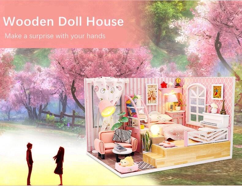 DIY Dollhouse Kit - Modern Living Pink Girl Bedroom Miniature Dollhouse Kit - Best Thanksgiving, Birthday, Christmas Gift Adult Craft