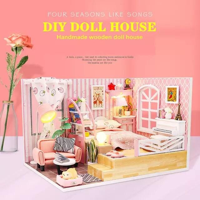 DIY Dollhouse Kit - Modern Living Pink Girl Bedroom Miniature Dollhouse Kit - Best Thanksgiving, Birthday, Christmas Gift Adult Craft