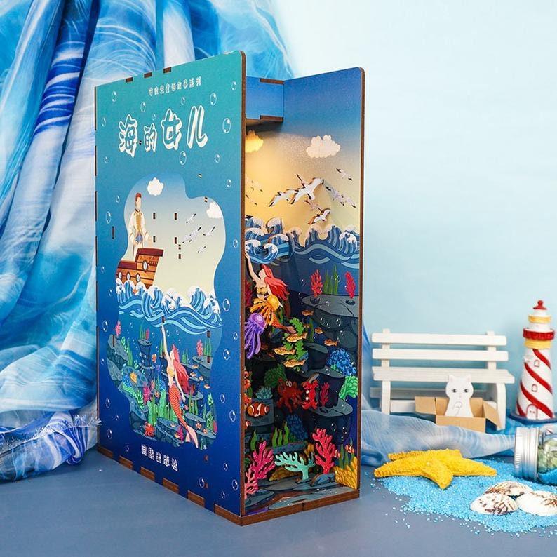 The Little Mermaid Book Nook Kit - Sea Girl Book Nook - City Under Sea Book Shelf Insert Book Scenery Bookcase with LED Model Building Kit