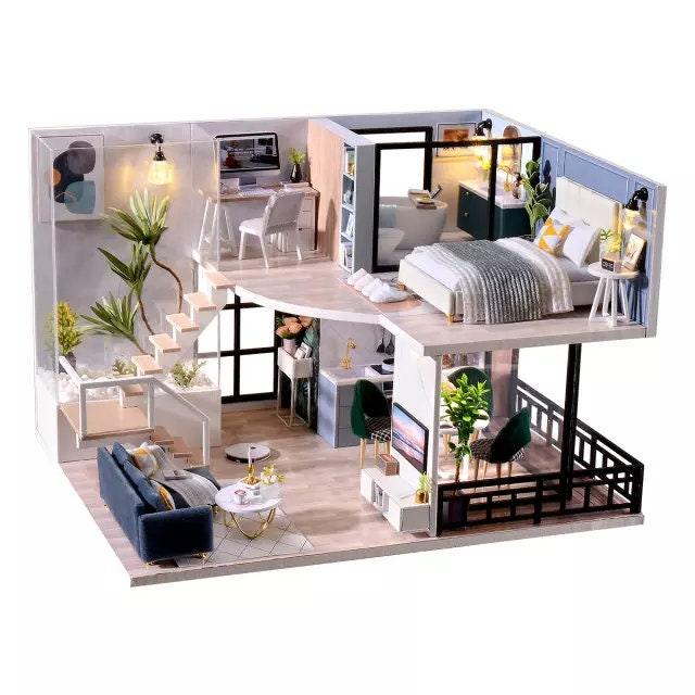 DIY Dollhouse Kit - Modern Living Room Miniature Doll House Kit - Duplex Apartment Doll House Kit - Birthday, Christmas Gift Adult Craft