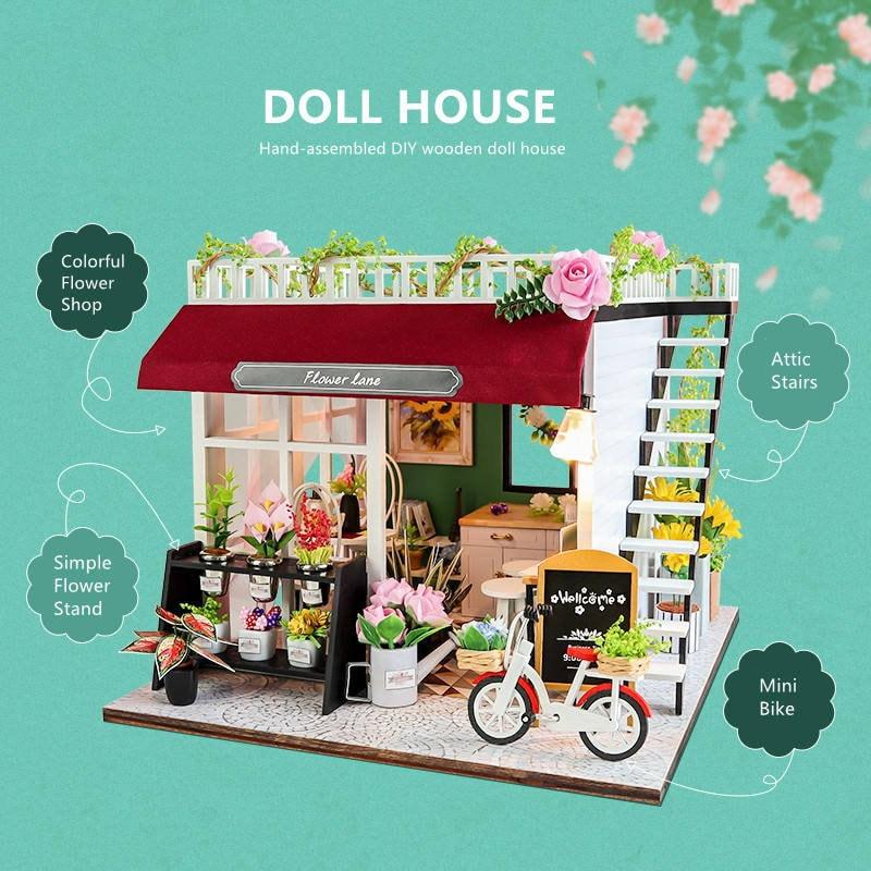 Flower Lane Flowers Shop Miniature - DIY Dollhouse Kit - Modern Shop With Mini Bike - Shop Dollhouse Miniature - Adult Craft - Best Gift