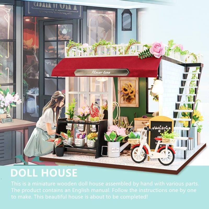 Flower Lane Flowers Shop Miniature - DIY Dollhouse Kit - Modern Shop With Mini Bike - Shop Dollhouse Miniature - Adult Craft - Best Gift