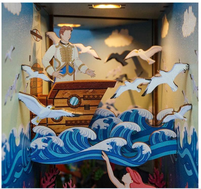 The Little Mermaid Book Nook Kit - Sea Girl Book Nook - City Under Sea Book Shelf Insert Book Scenery Bookcase with LED Model Building Kit