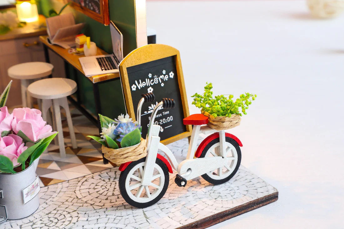 Flower Lane Flowers Shop Miniature - DIY Dollhouse Kit - Modern Shop With Mini Bike - Shop Dollhouse Miniature - Adult Craft - Best Gift