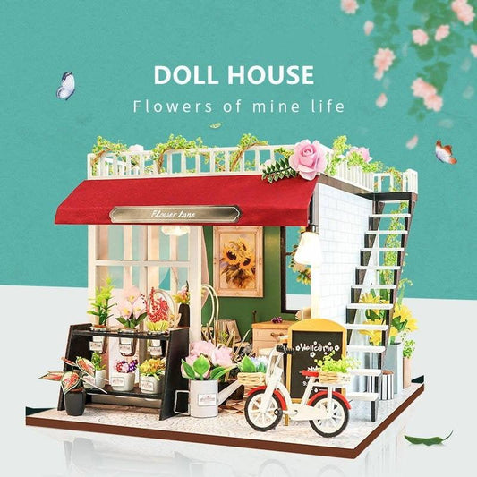 Flower Lane Flowers Shop Miniature - DIY Dollhouse Kit - Modern Shop With Mini Bike - Shop Dollhouse Miniature - Adult Craft - Best Gift