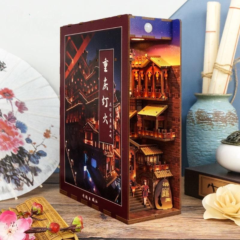 Chinese Alley Book Nook - Chongqing Town Book Nook - Ancient Capital Book Shelf Insert - Book Scenery - Bookcase with LED Model Building Kit