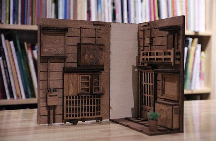 DIY Japanese Alley Book Nook - DIY Book Nook Kit - Book Shelf Insert - Book Scenery - Diorama - Bookcase Bookend with LED - Building Kit