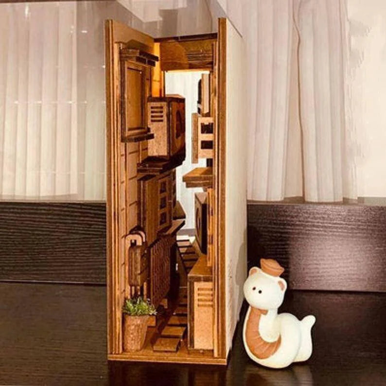 DIY Japanese Alley Book Nook - DIY Book Nook Kit - Book Shelf Insert - Book Scenery - Diorama - Bookcase Bookend with LED - Building Kit