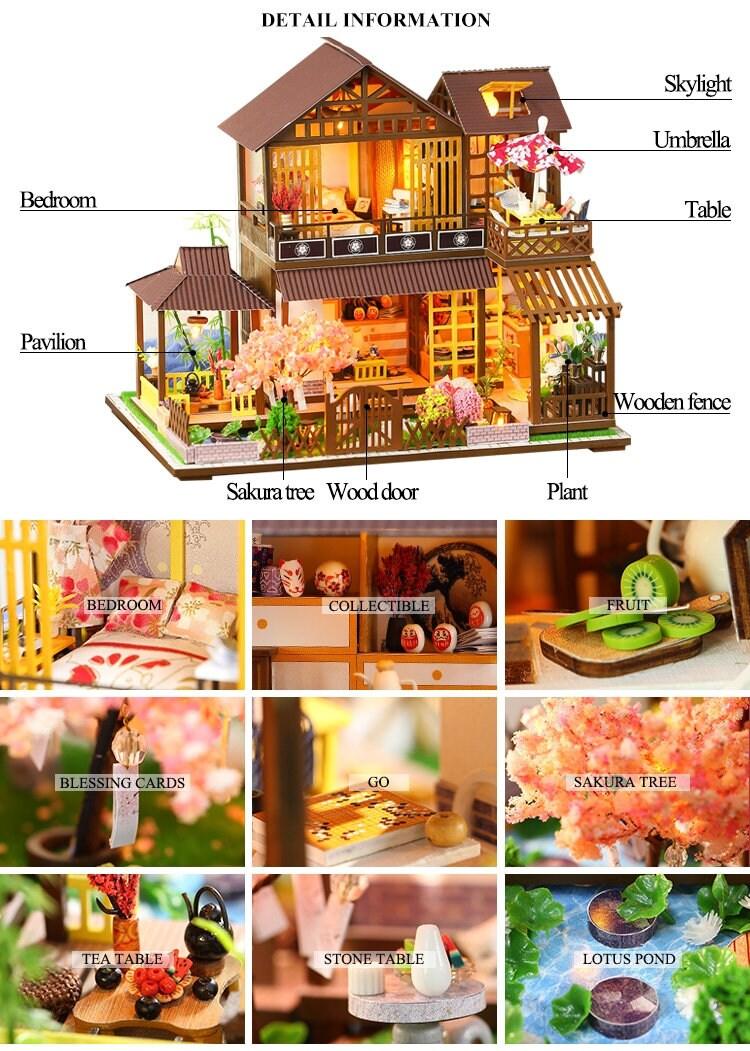 DIY Dollhouse Kit Forest Pavilion Miniature House with Furniture Japanese Villa Style Miniature Dollhouse Kit Adult Craft DIY Kits